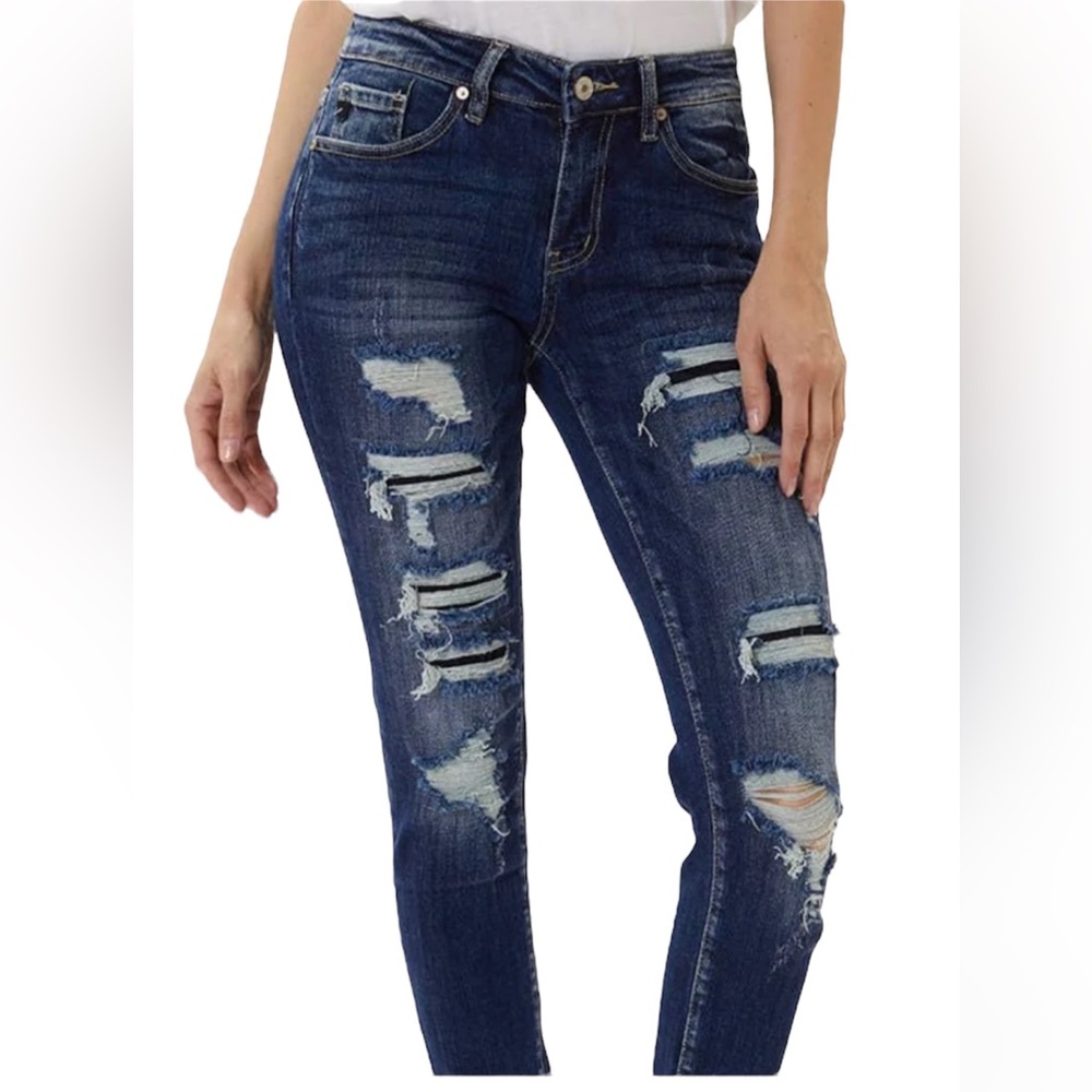 Skinny stretch distressed destroyed dark wash whisker fade mid high rise jean